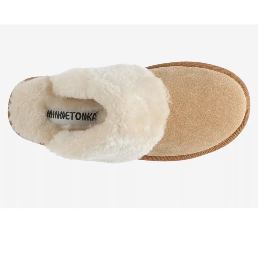 Minnetonka Carefree Scuff Tan Suede Faux Fur Trim Mules size 7 NEW Womens - Picture 9 of 11